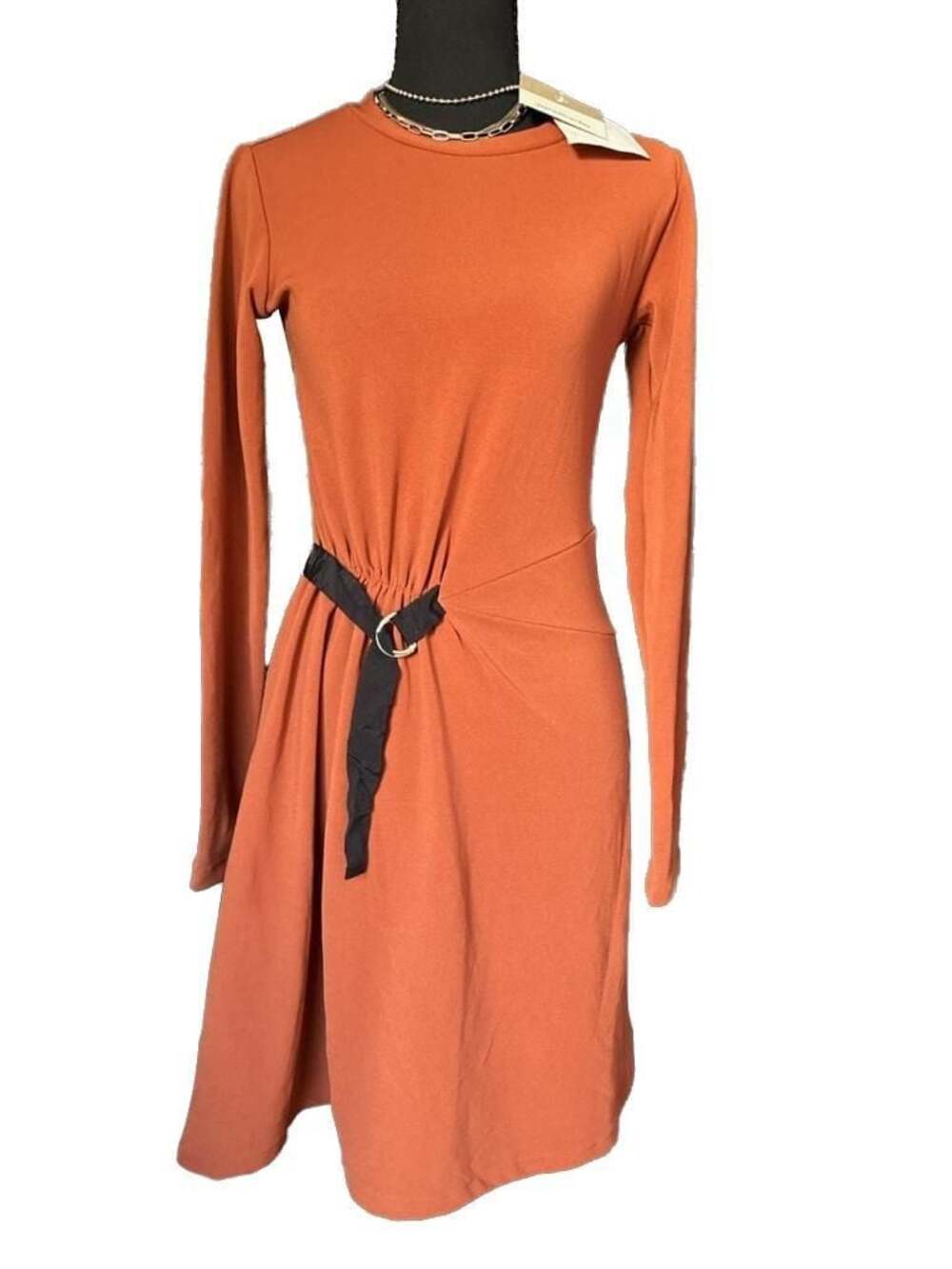 Stradivarius Long Sleeve Rust Knit Midi Dress with D-Ring Belt-NWT-Size S